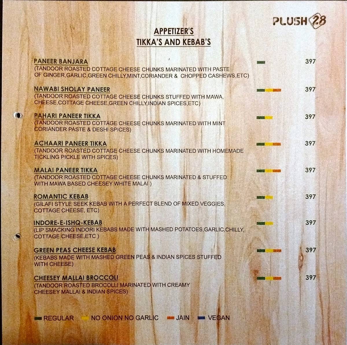 Plush 28 -Pure Veg Restaurant menu