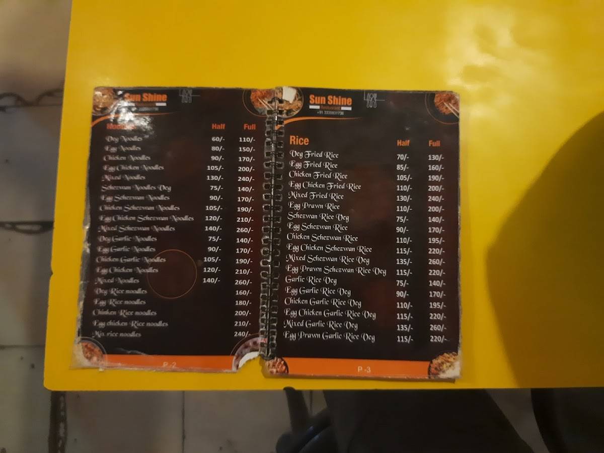 Sun Shine Restaurant menu