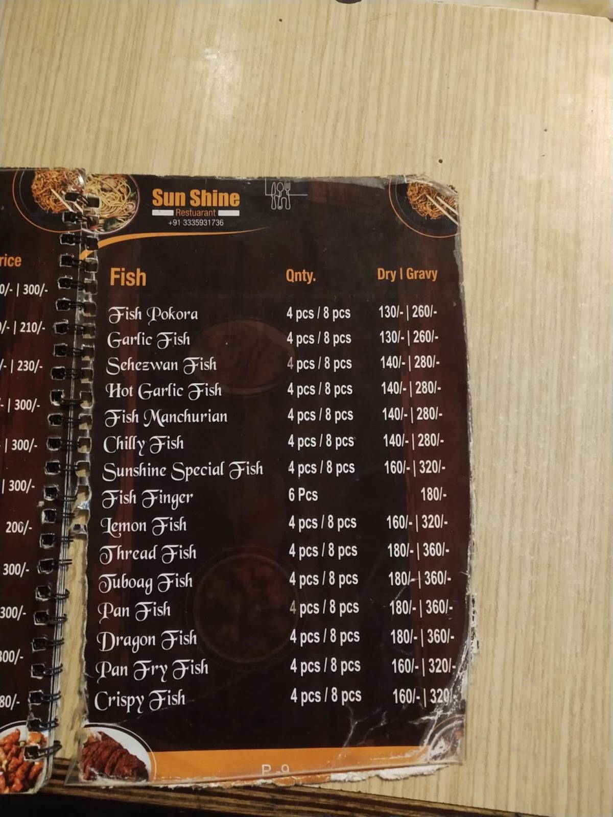 Sun Shine Restaurant menu