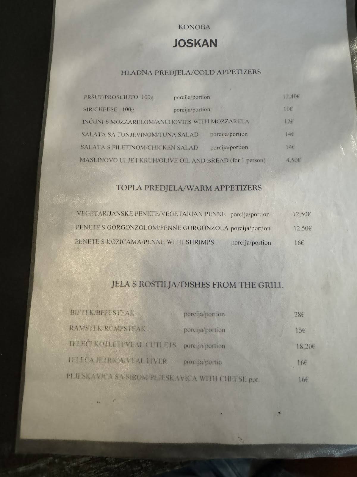 Menu di Konoba Joskan 