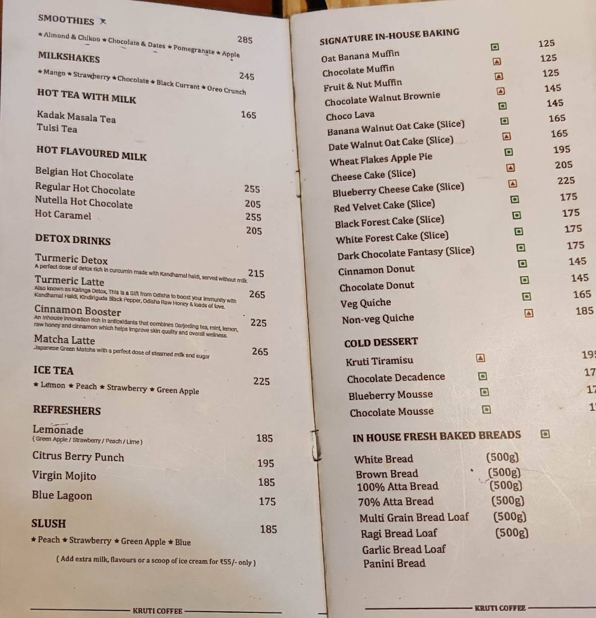 Kruti Coffee menu
