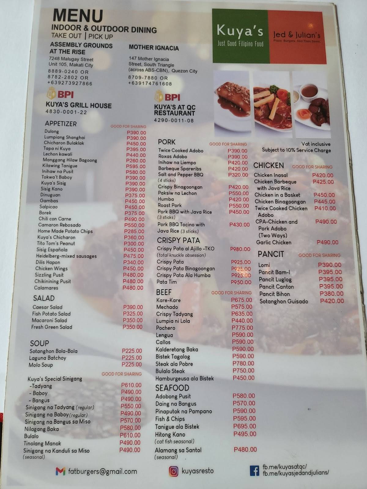 Menu at Kuya's restaurant, Makati, 1203 Yakal
