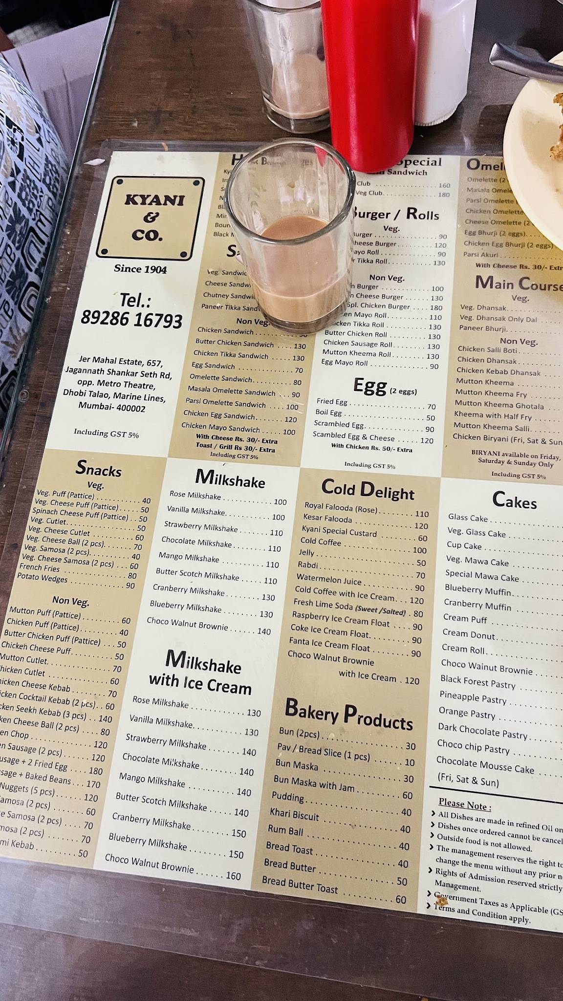 Kyani & Co. Legendary Irani Restaurant, Bakers menu