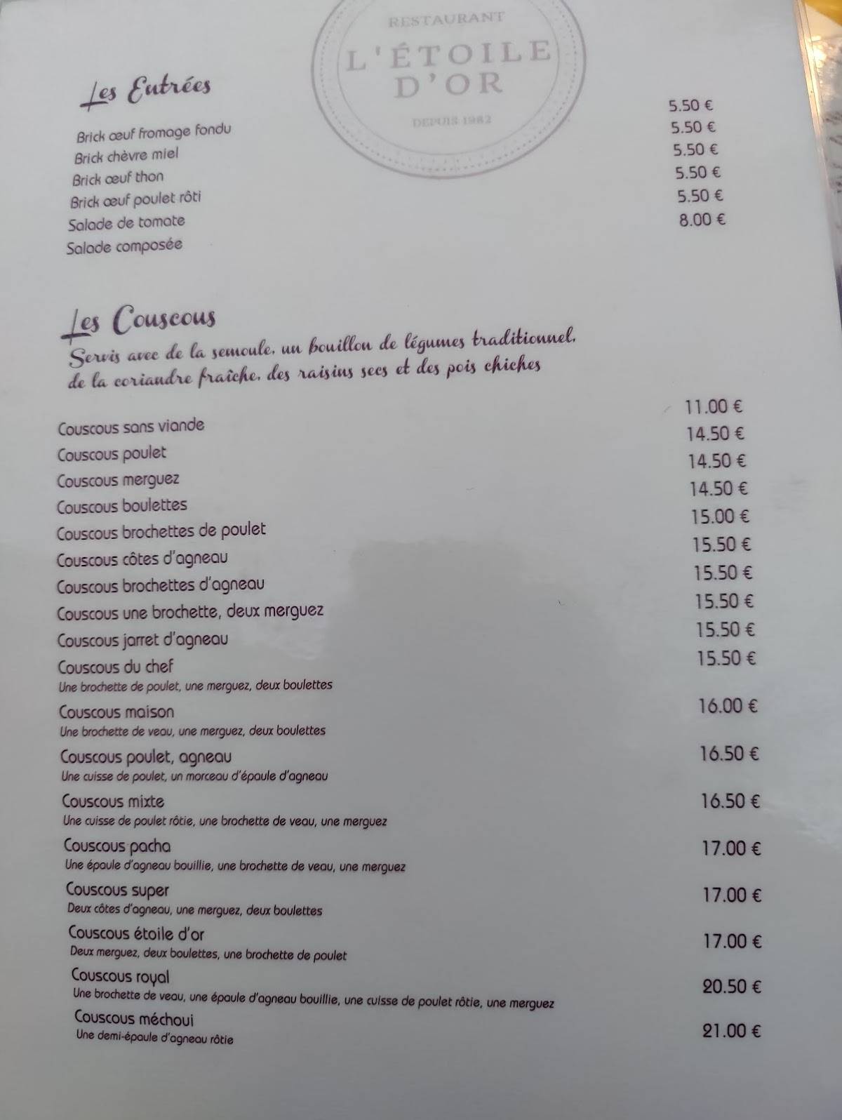 Menu de L'Étoile D'Or