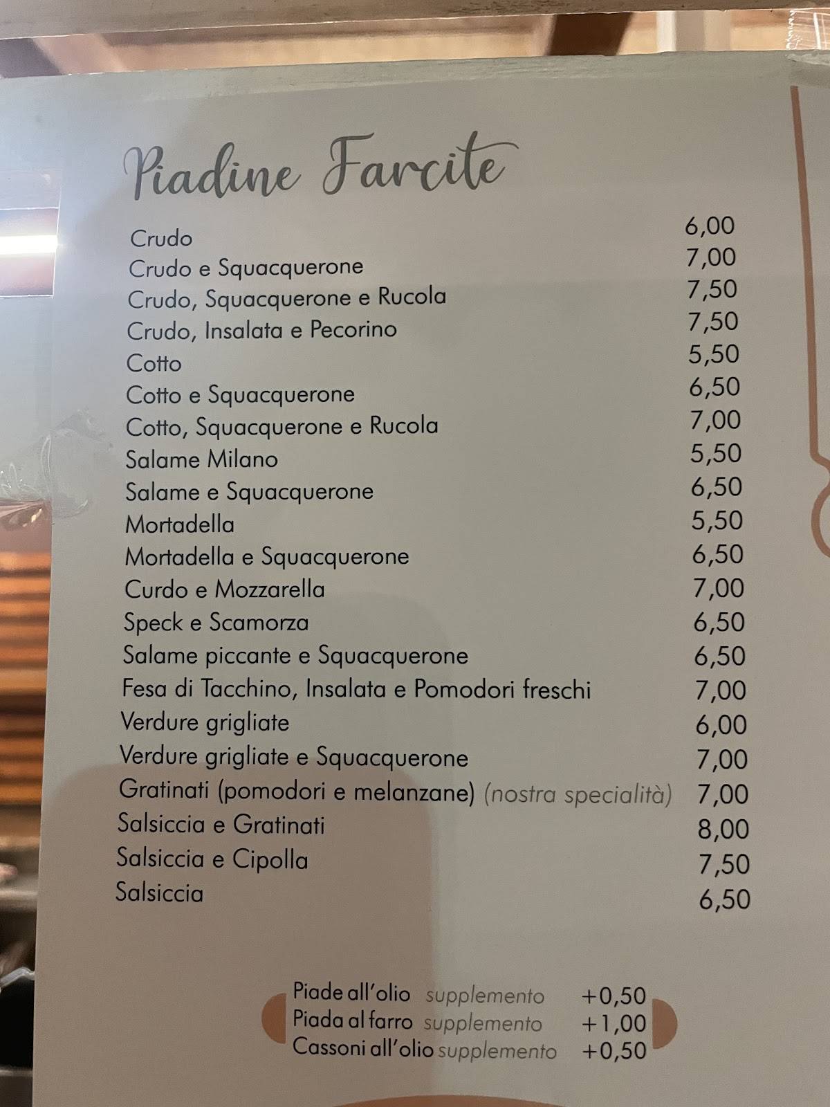 Menu di La Piada Che Merita Parco Pruccoli 