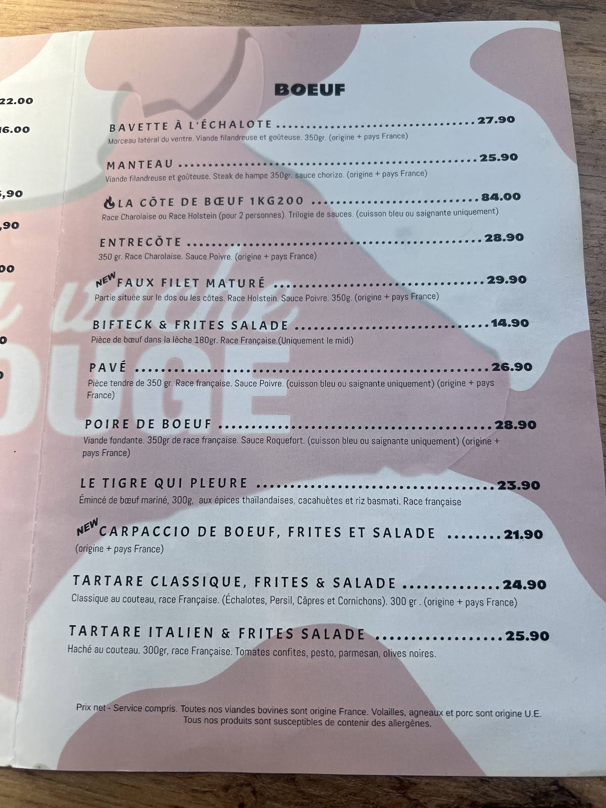 Menu de LA VACHE ROUGE