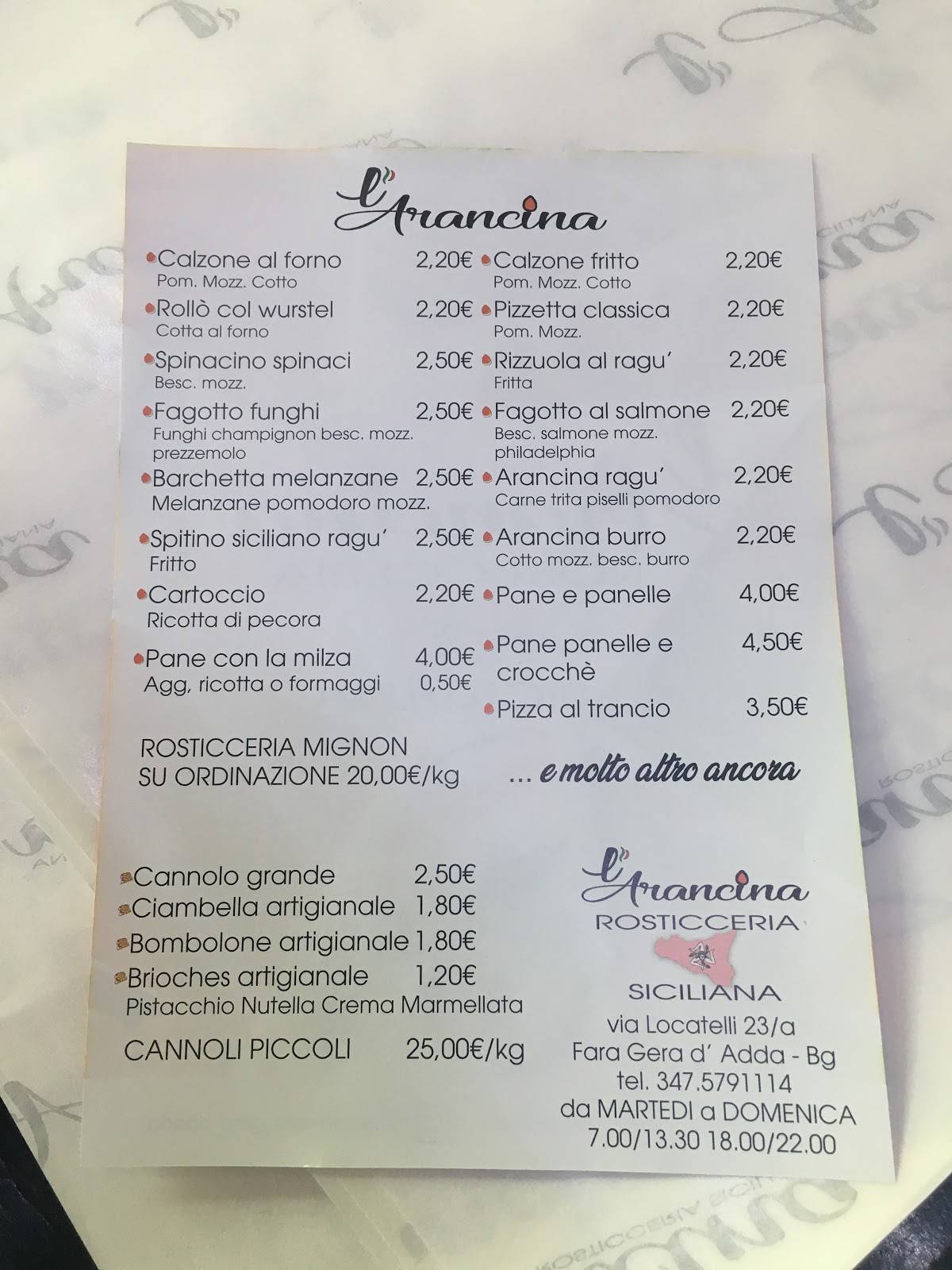 Menu di L'Arancina 