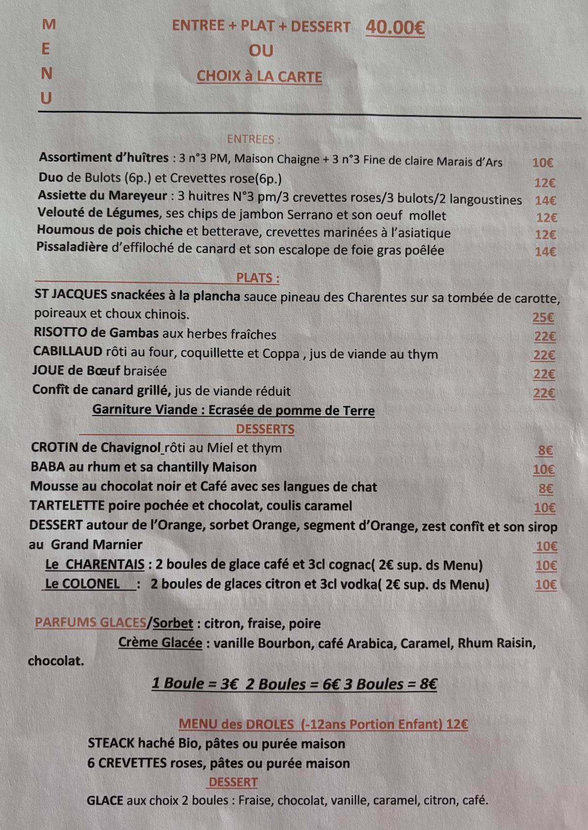 Menu de LES VIVIERS - Restaurant