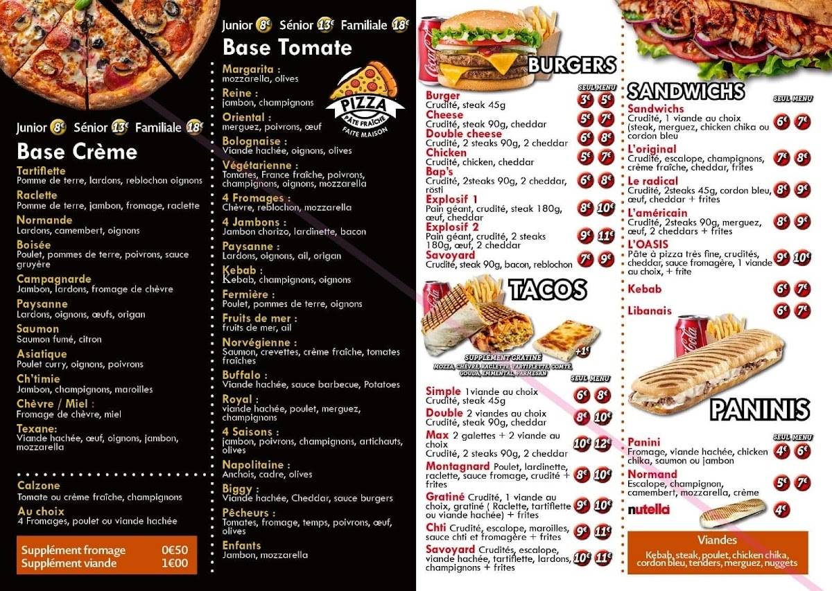 Menu de L’Oasis Pizzeria Kebab