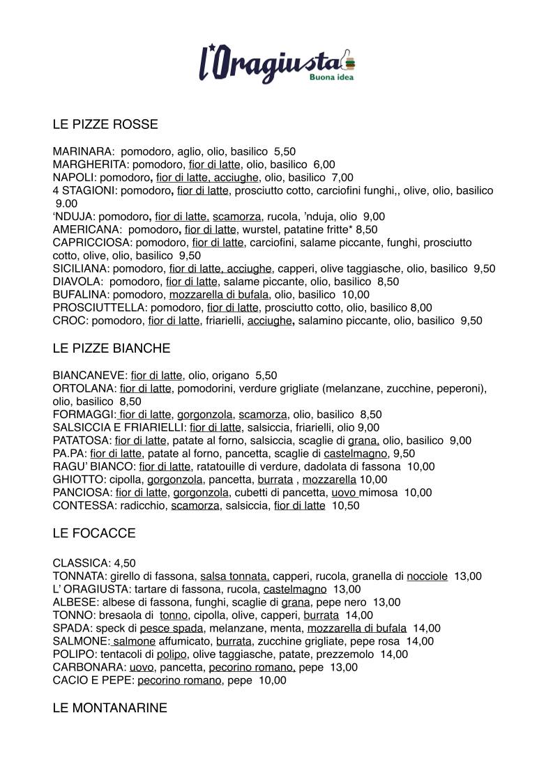 Menu di L'Oragiusta Moncalieri Bar Hamburgeria Tabaccheria 