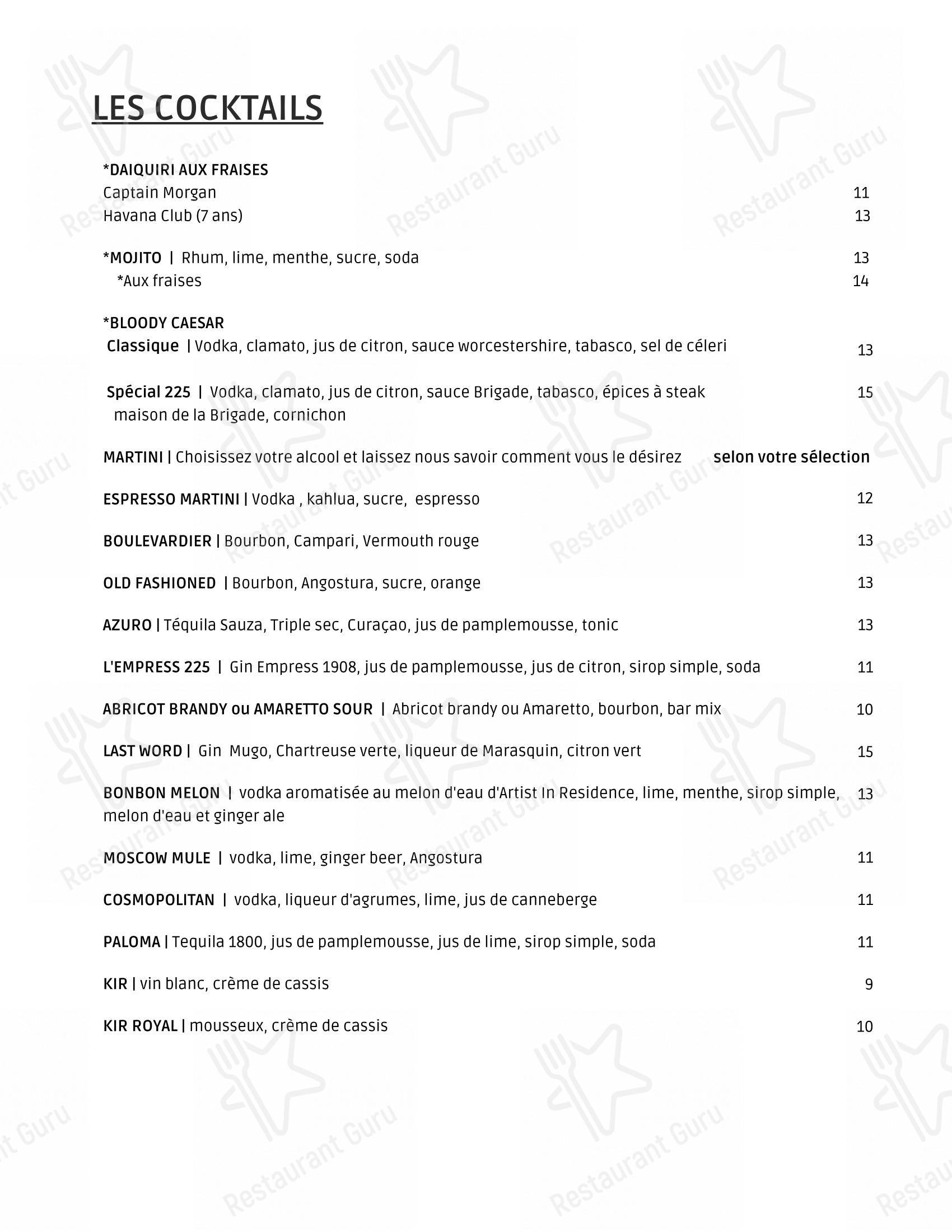 Menu pour La Brigade 225 - Ночное меню