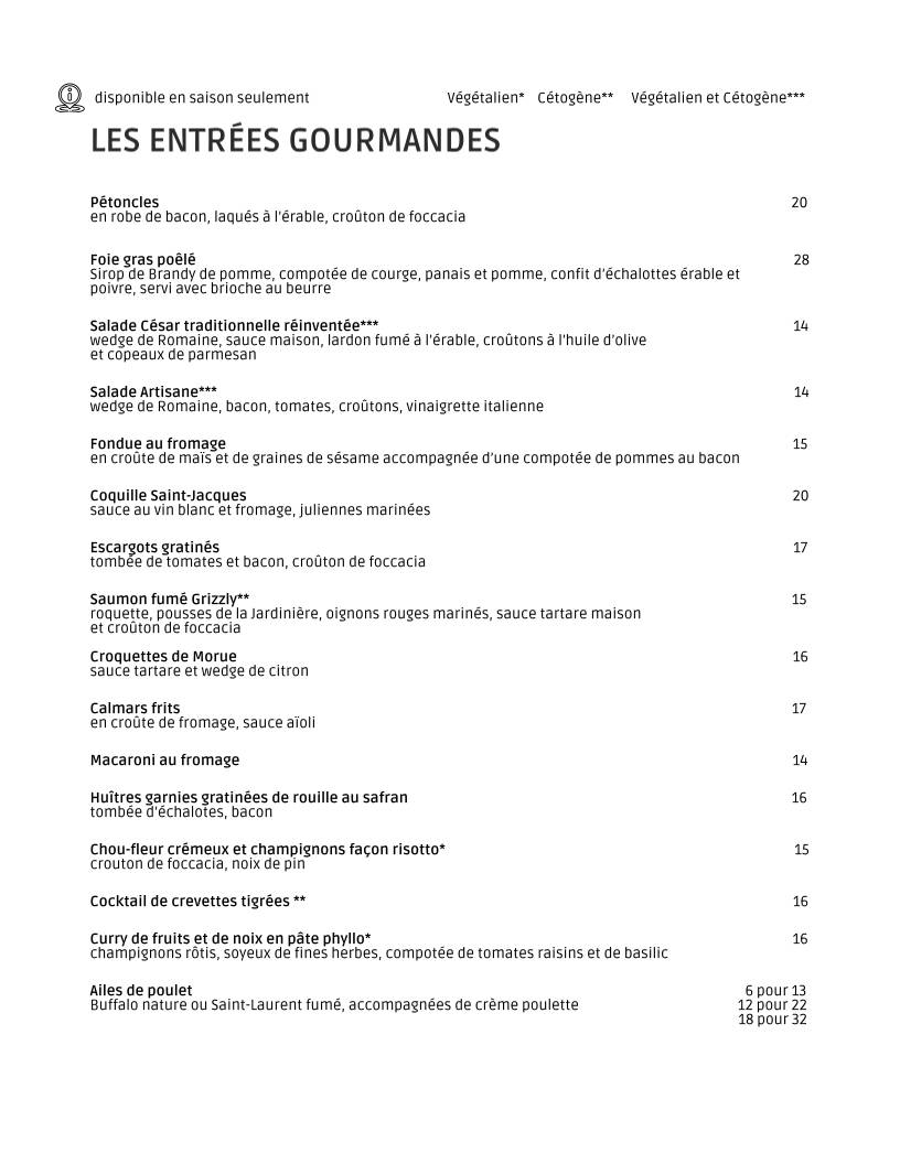 Menu de La Brigade 225