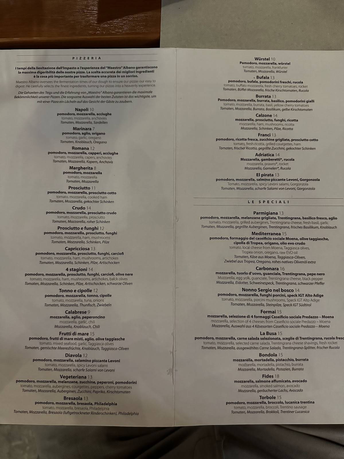 Menu di La Cantinota - Locanda De Manincor 