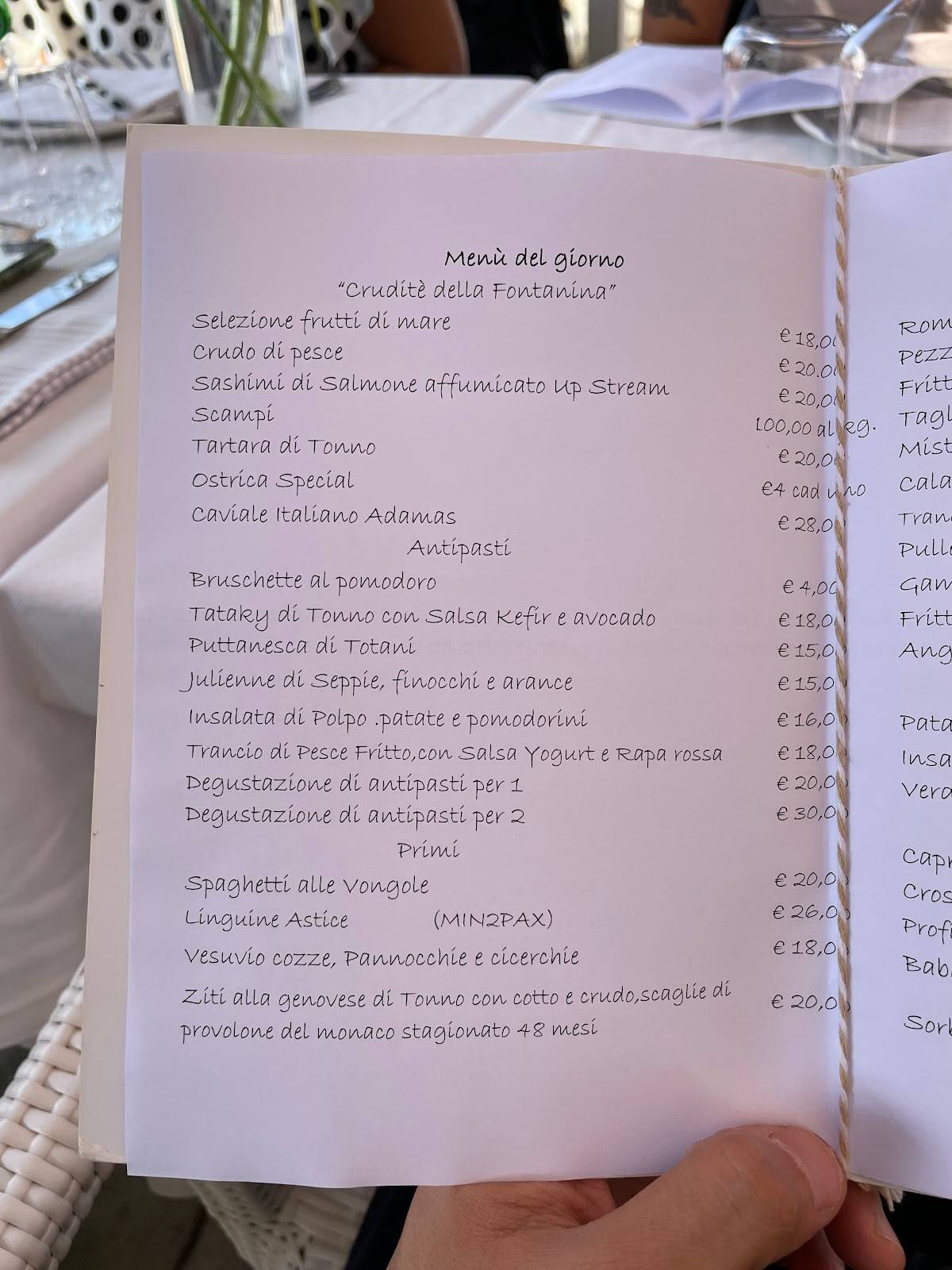 menù la fontanina al mare