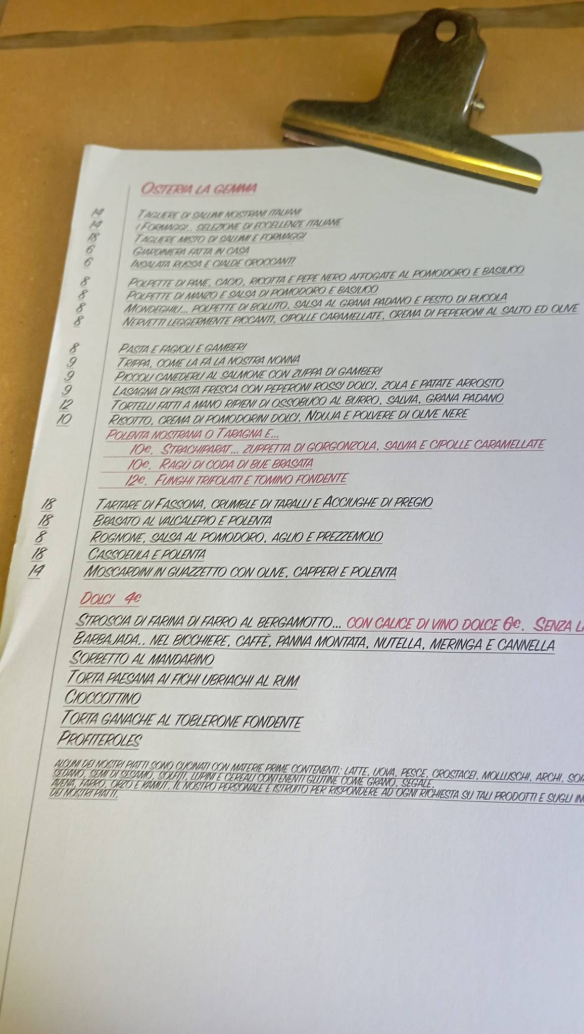Menu di La Gemma 