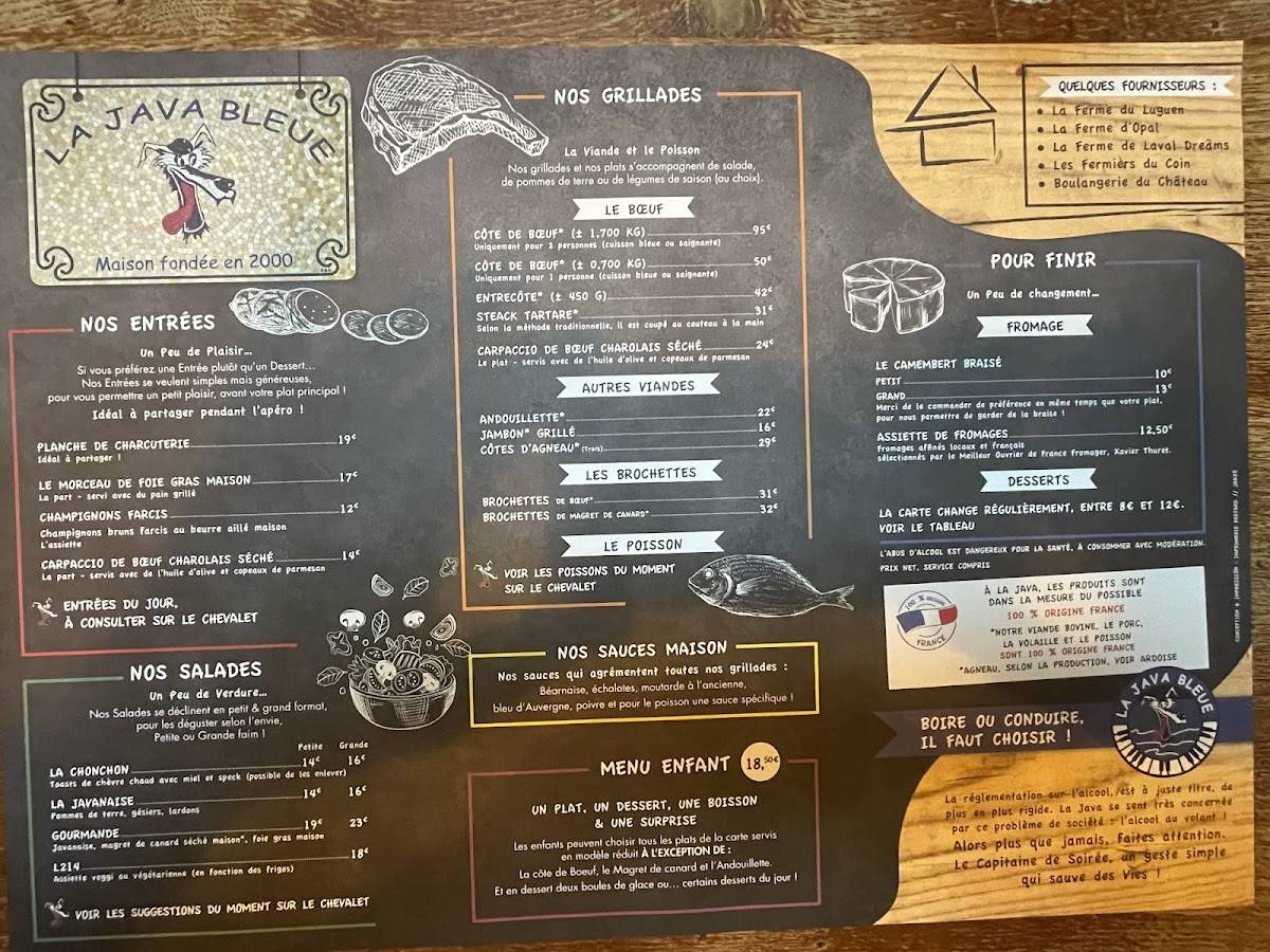 Menu de La Java Bleue