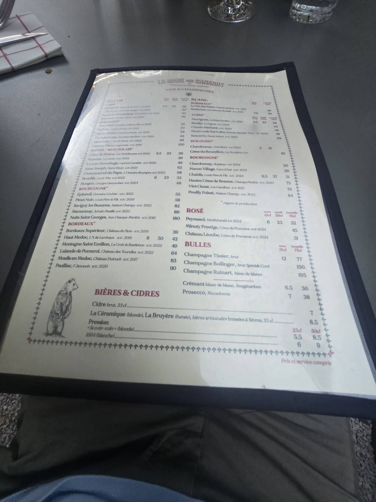 Menu de La Mare aux Canards