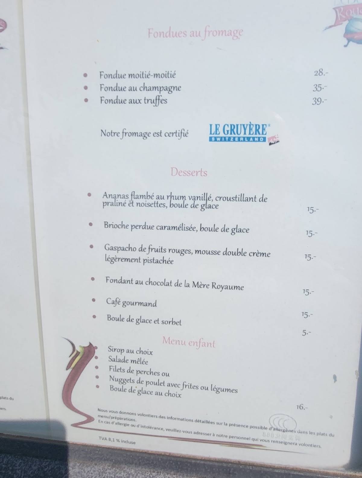 Menu di La Mère Royaume 