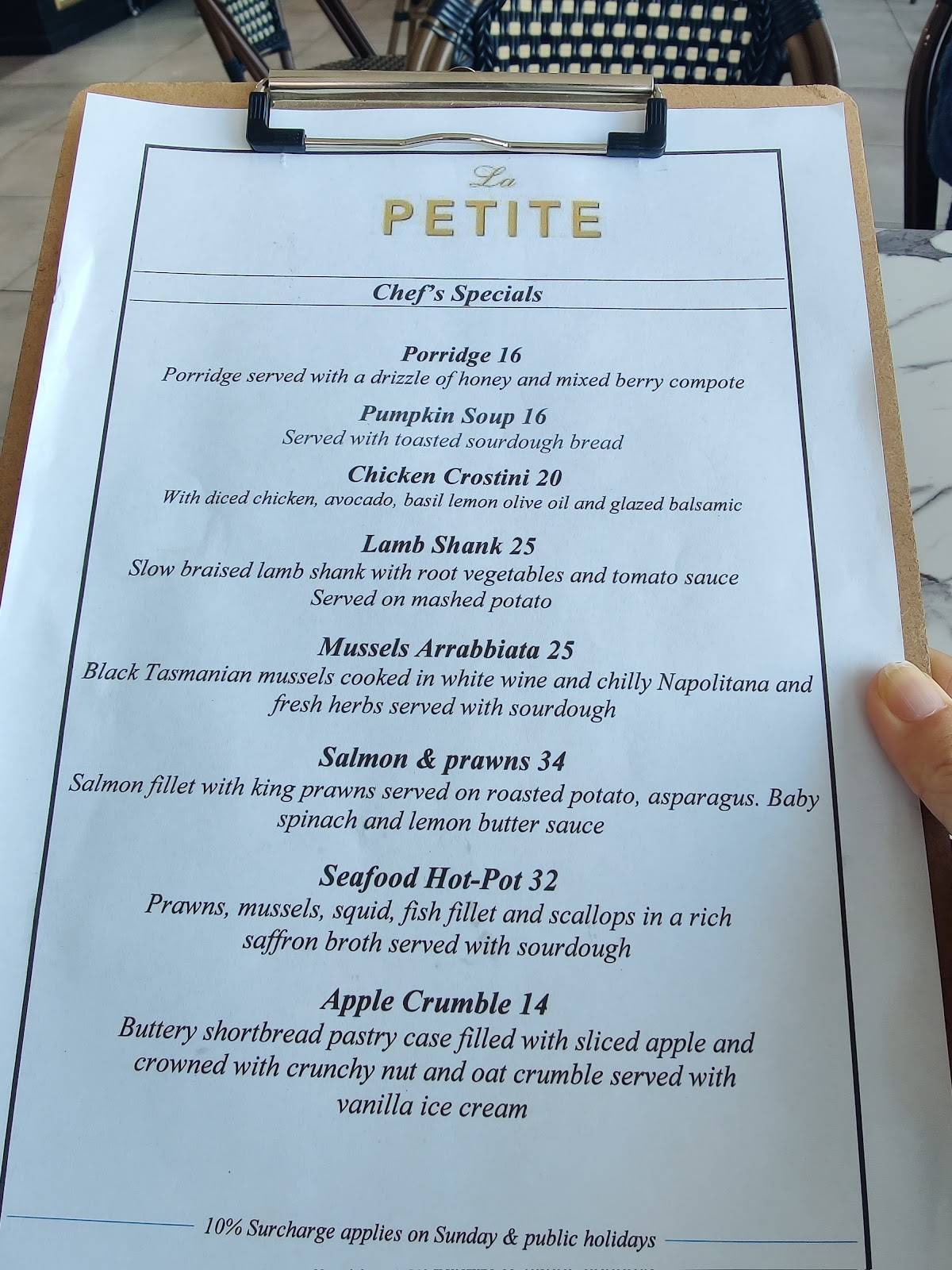 Menu at La Petite Birkenhead cafe, Drummoyne