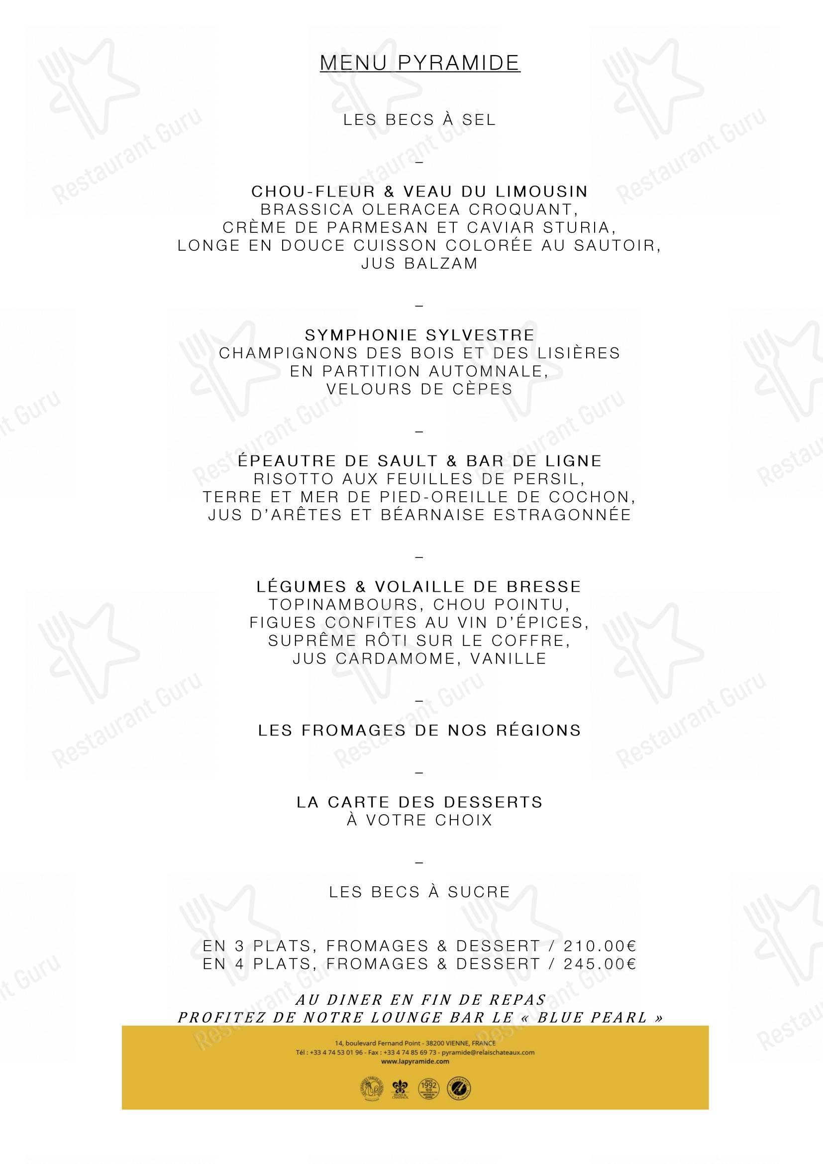 Menu pour La Pyramide - Hôtel Restaurant (Isère) restaurant