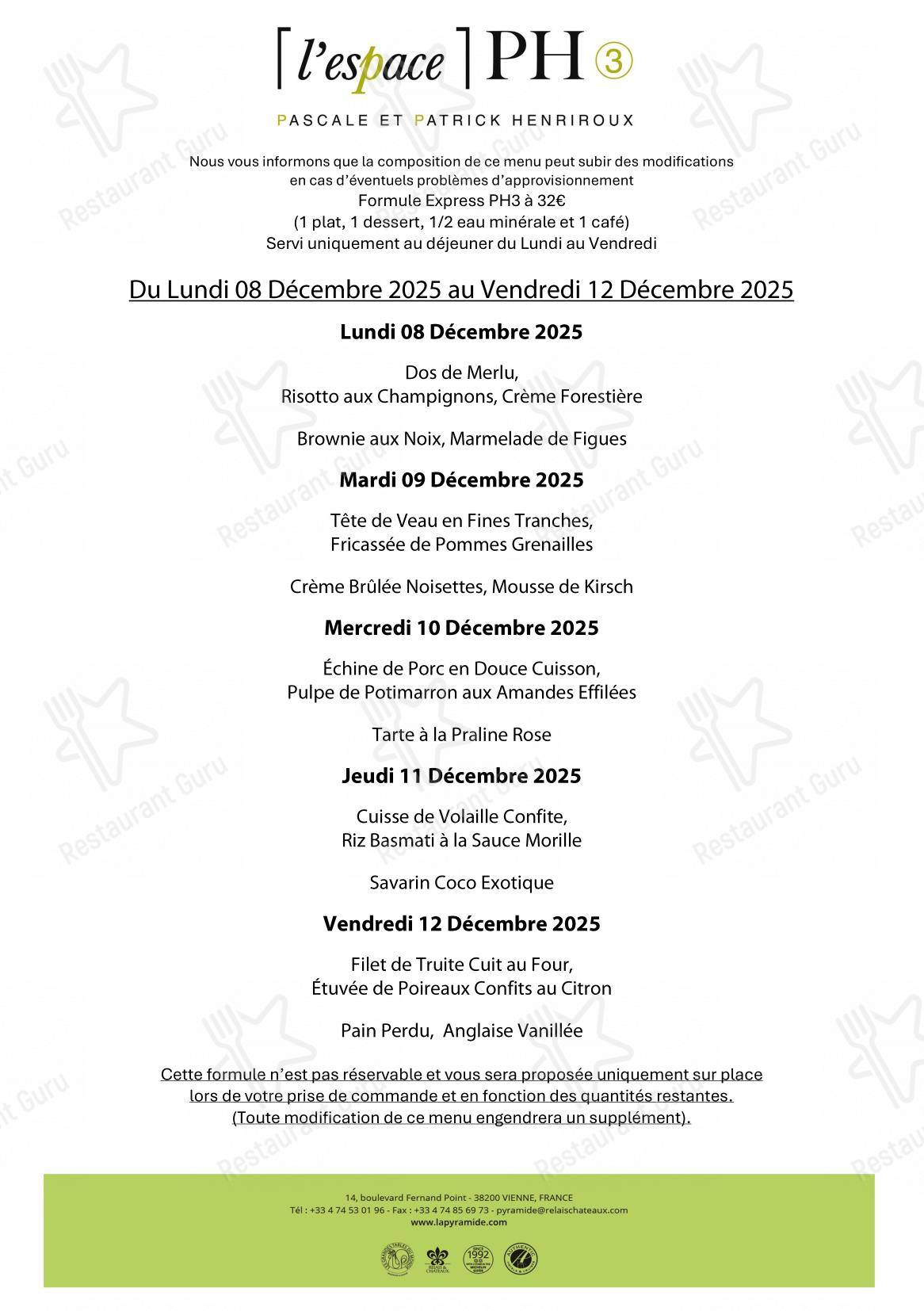 La Pyramide - Hôtel Restaurant (Isère) dans Vienne - Dinner Menu