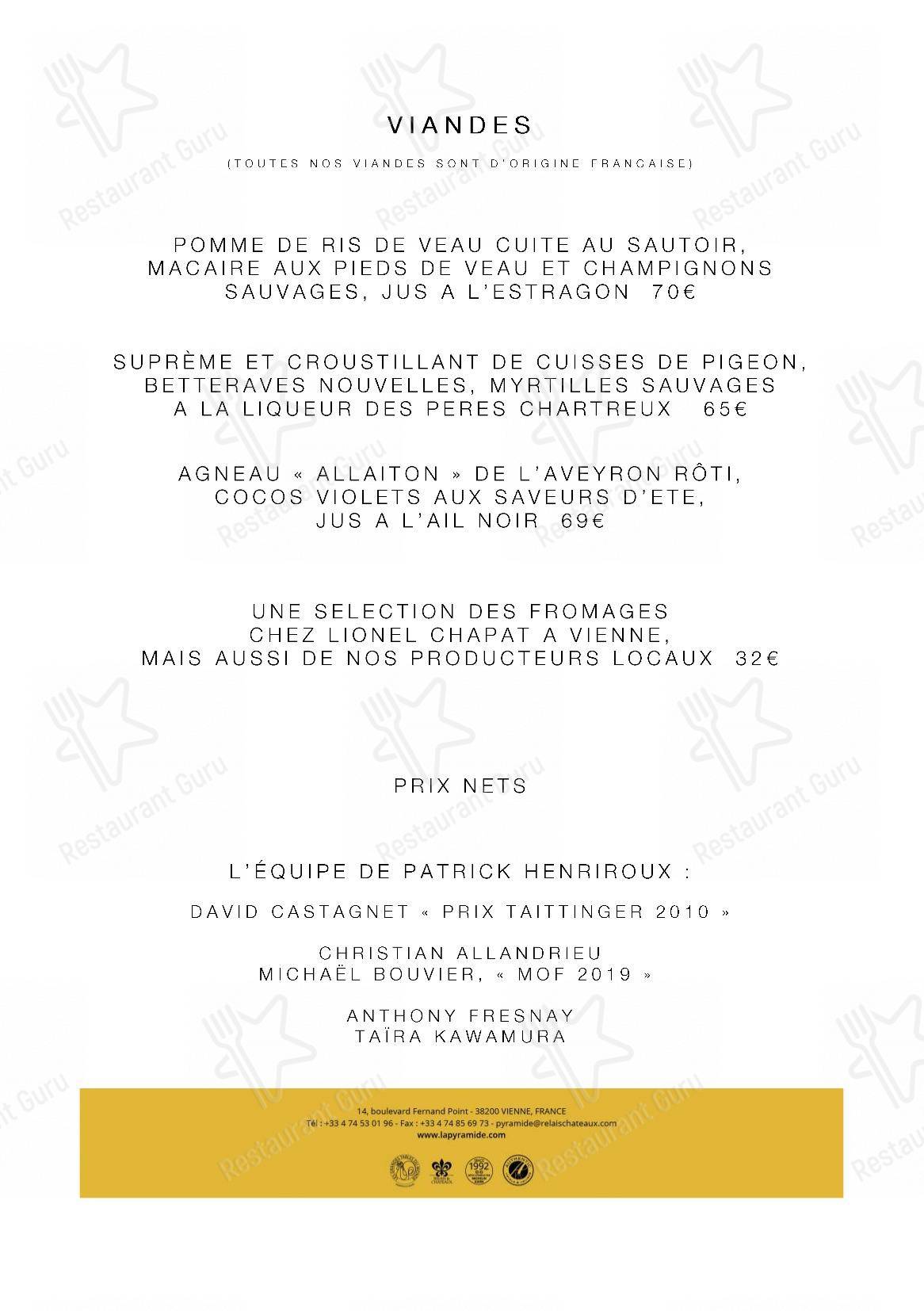 Menu pour La Pyramide - Hôtel Restaurant (Isère) - Food and Drinks menu