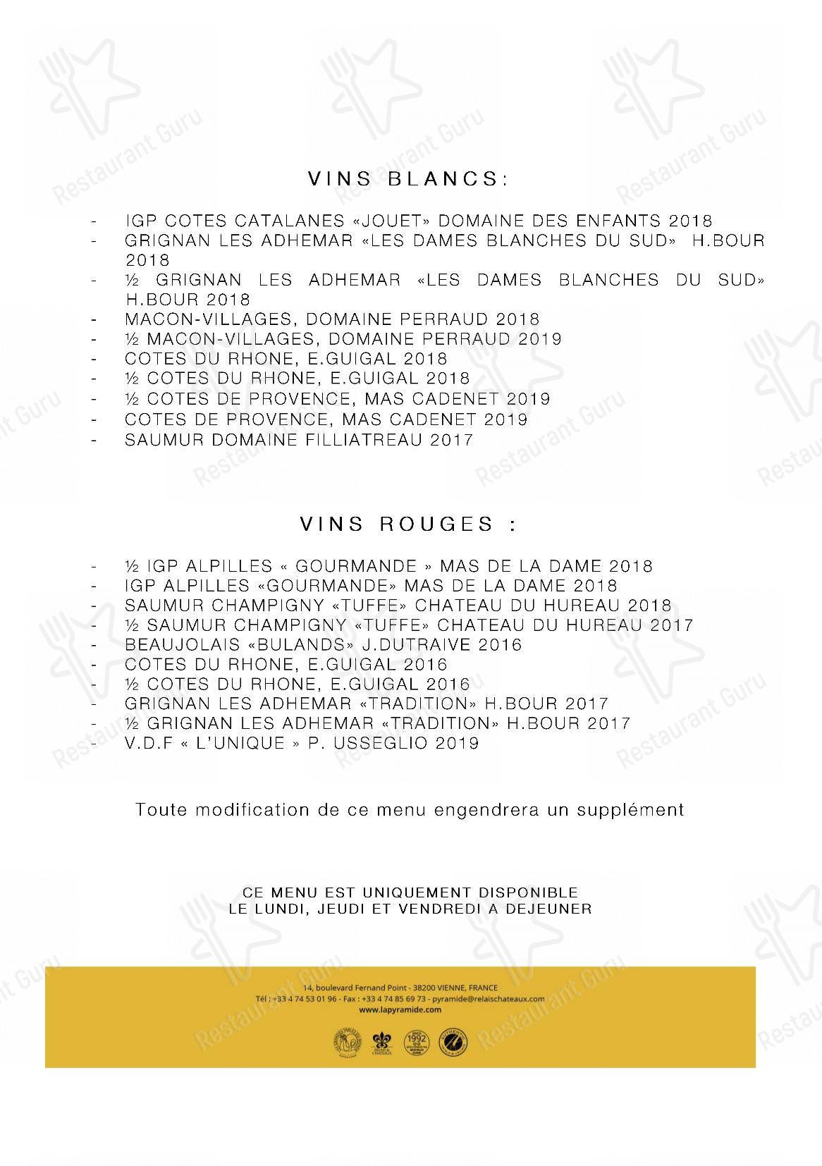 Menu pour La Pyramide - Hôtel Restaurant (Isère) - Food and Drinks menu