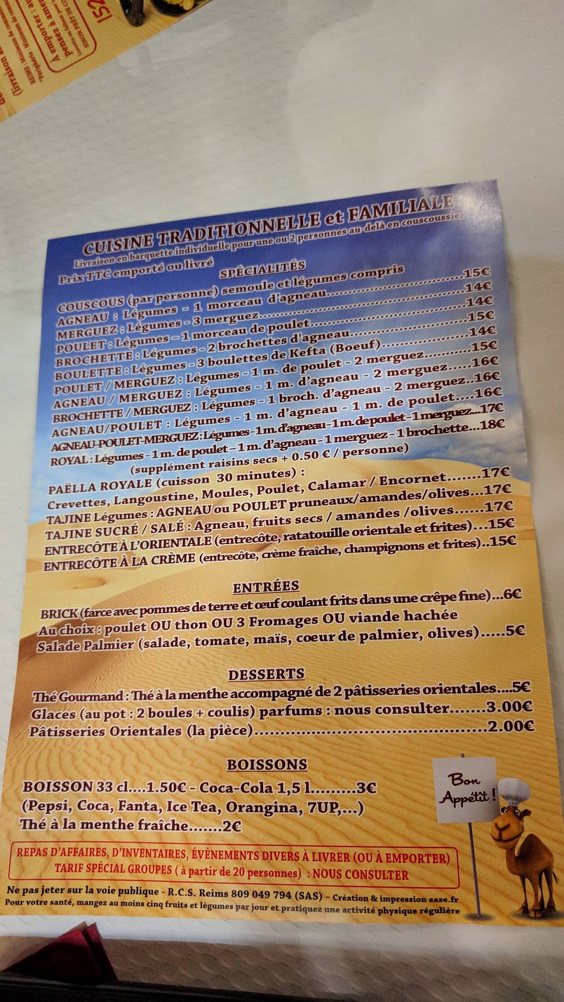 Menu au La Rose des Sables Allo Couscous restaurant, Reims