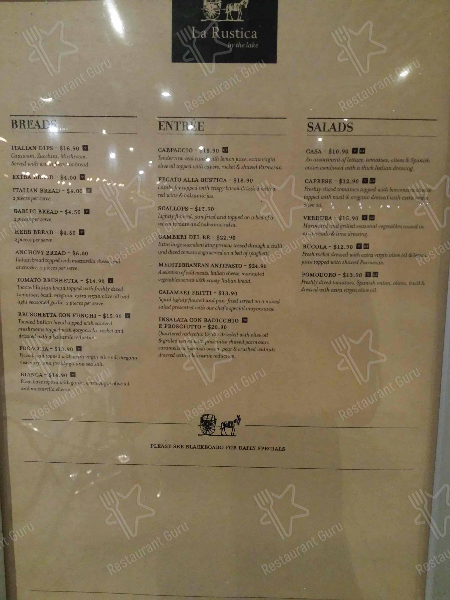 Menu at La Rustica pizzeria, Canberra