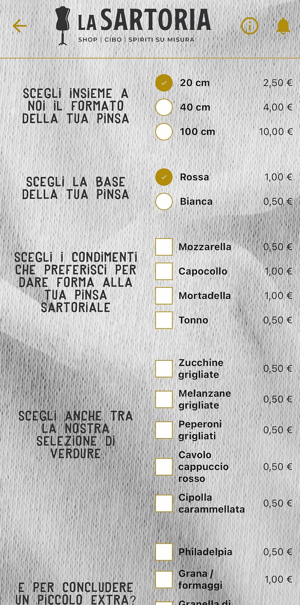 Menu di La Sartoria 