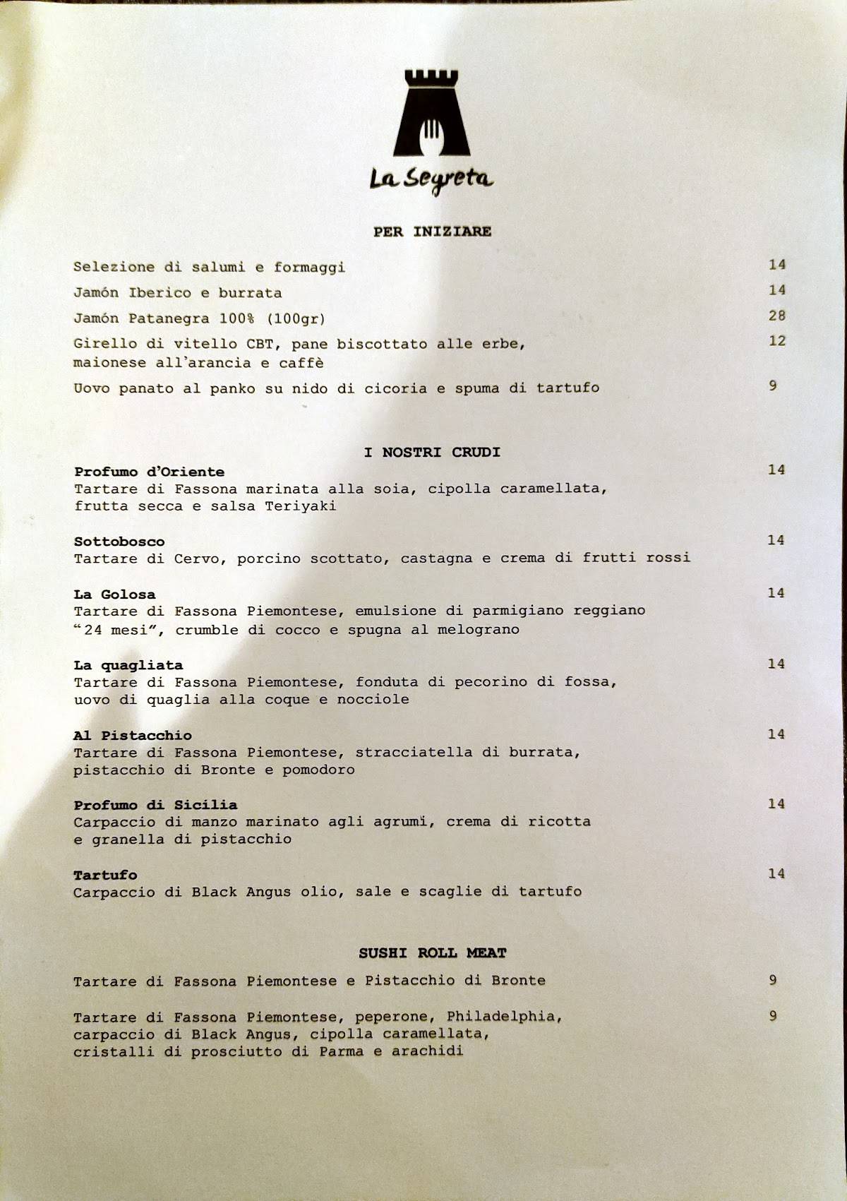 Menu di La Segreta 