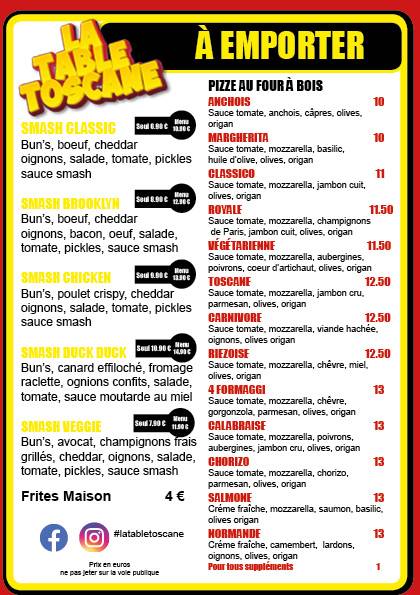 Menu de La Table Toscane