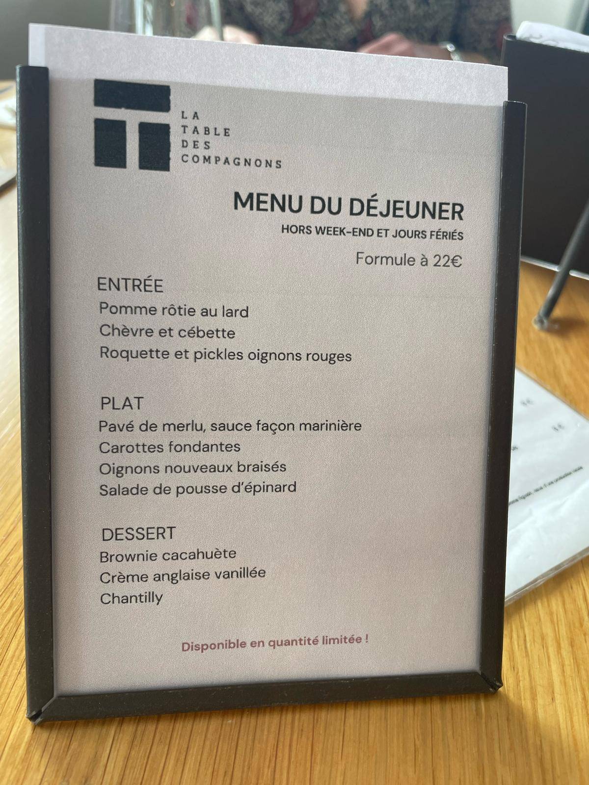 Menu de La Table des compagnons