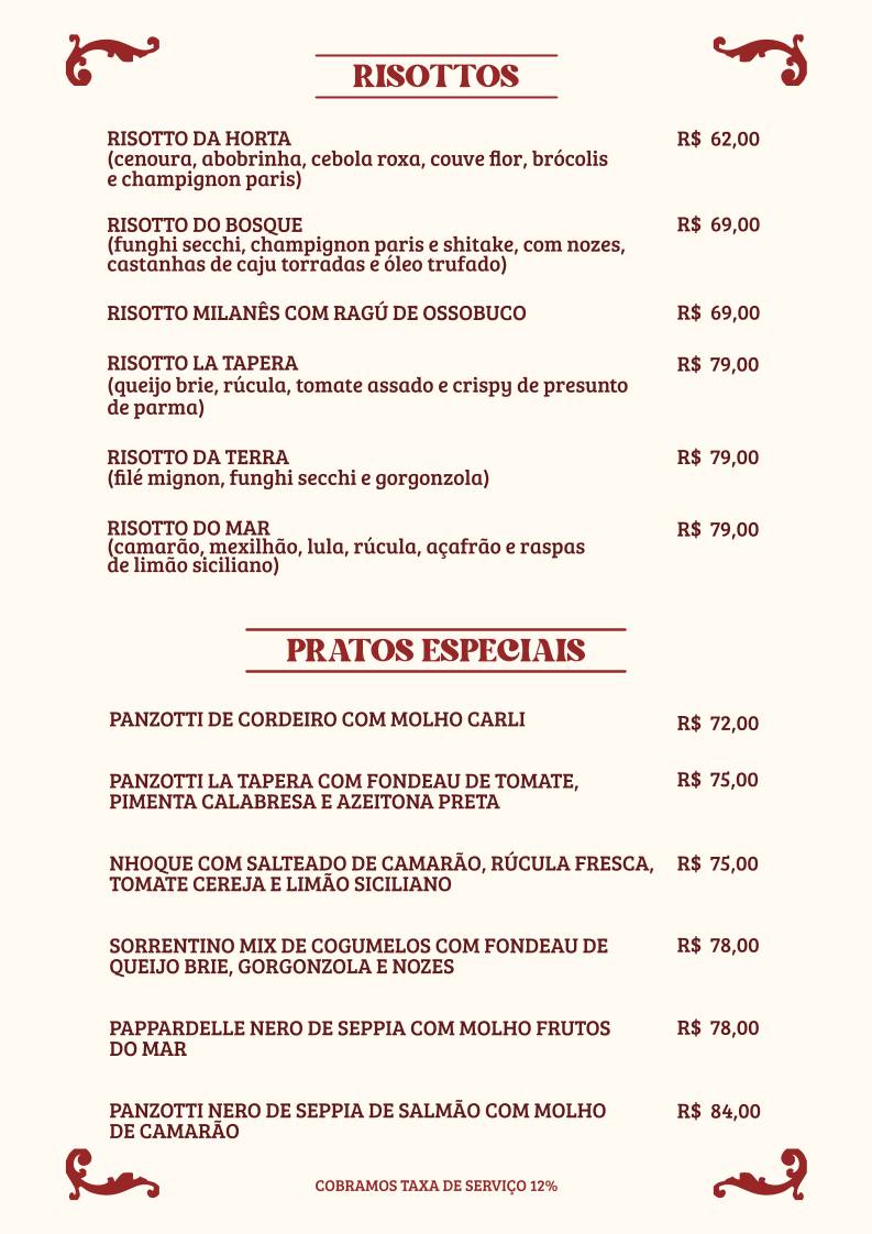 La Tapera Pizzas e Massas cardápio