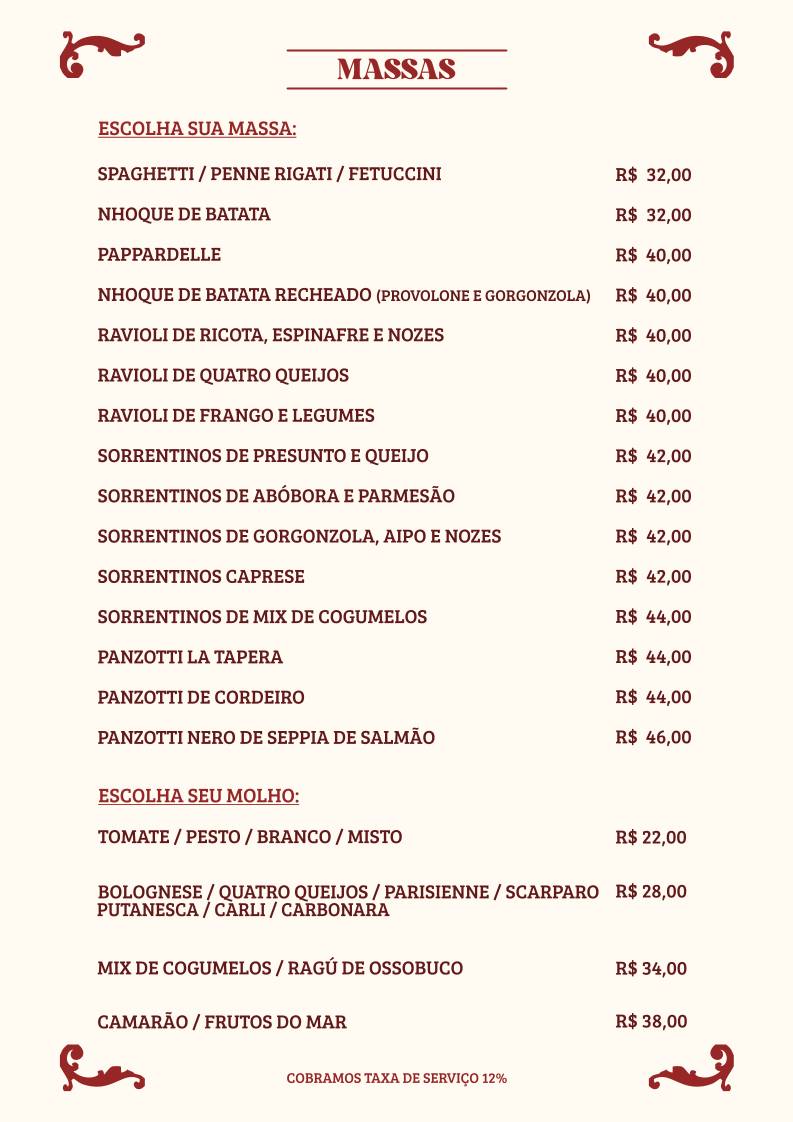 La Tapera Pizzas e Massas cardápio