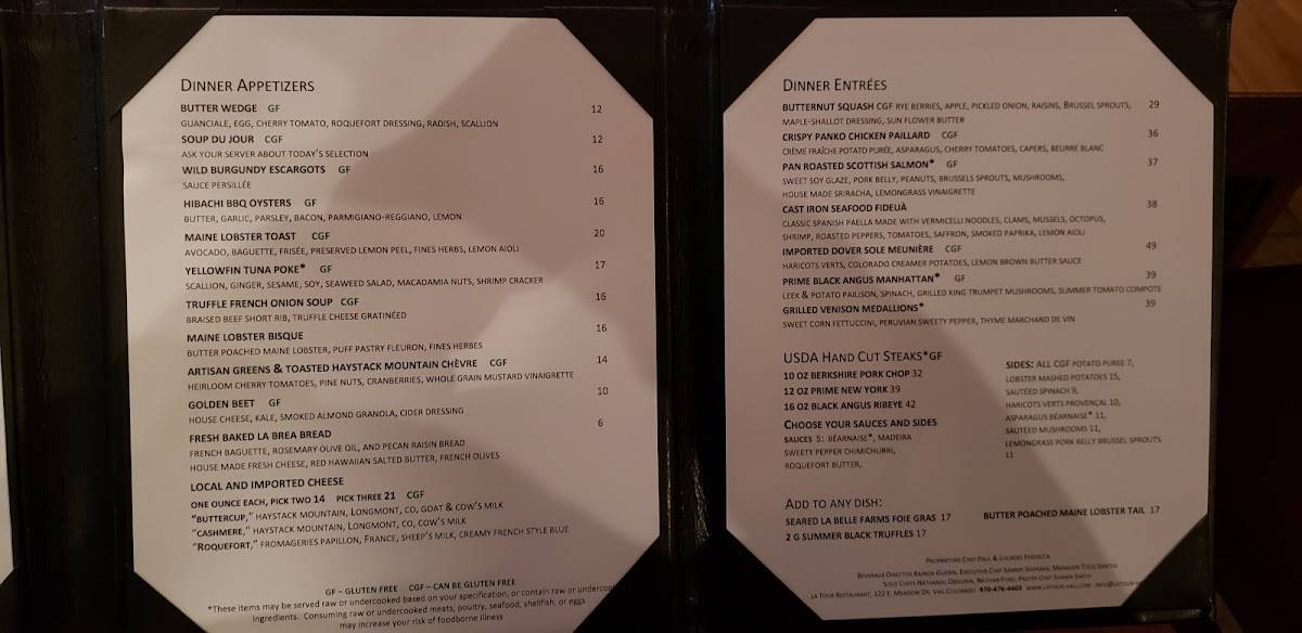 La Tour Restaurant menu