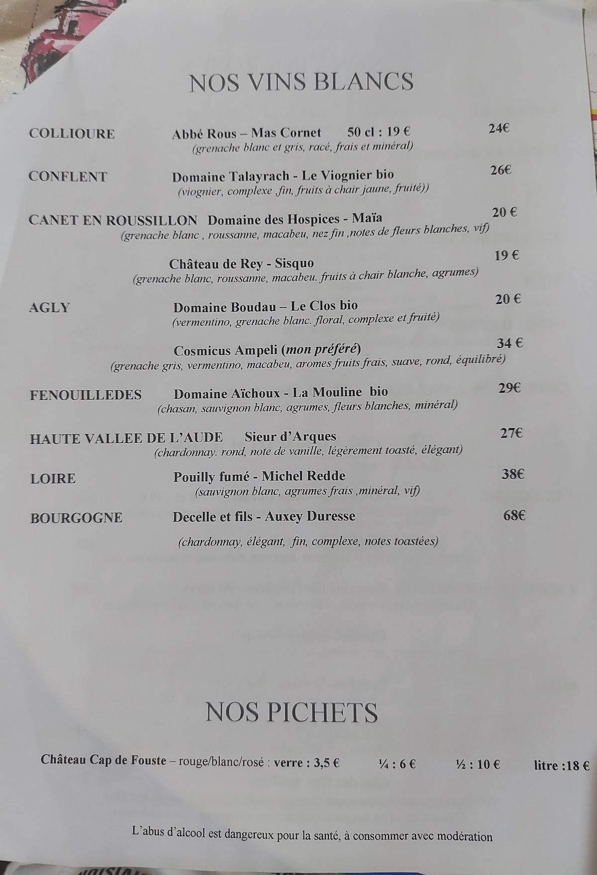 Menu de La Voile Bleue Can olivier