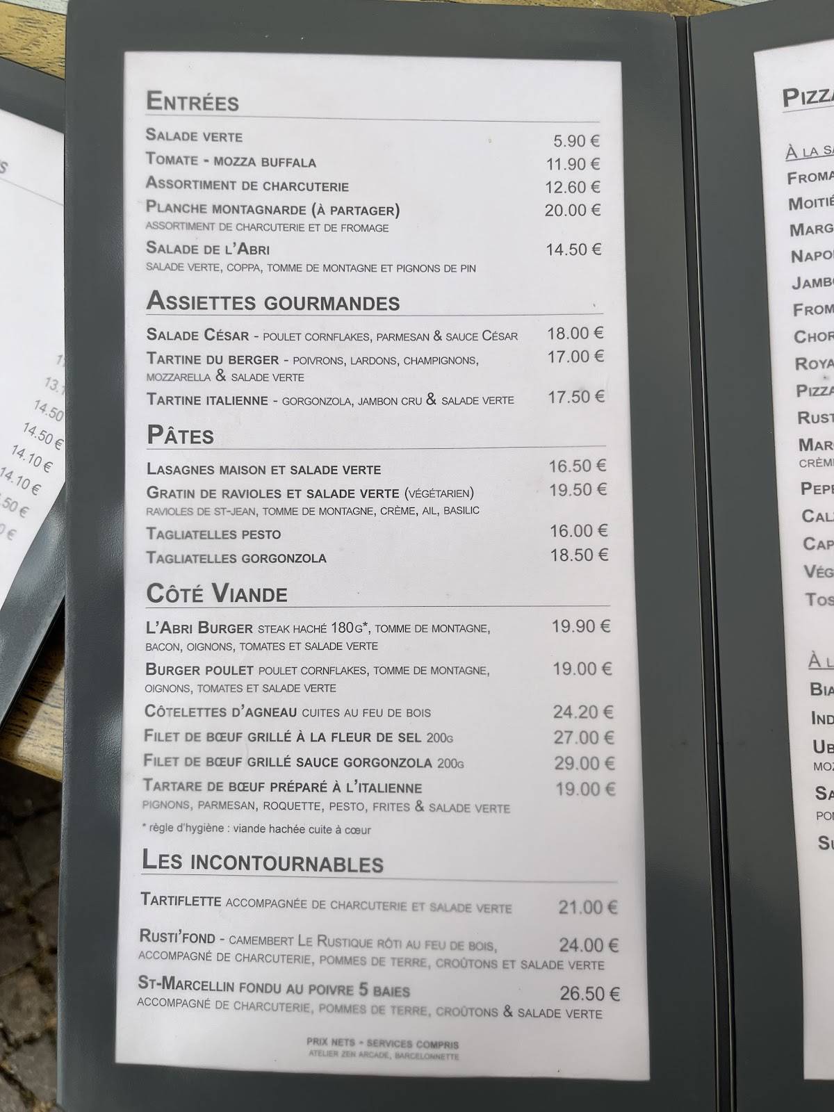 Menu de L'Abri