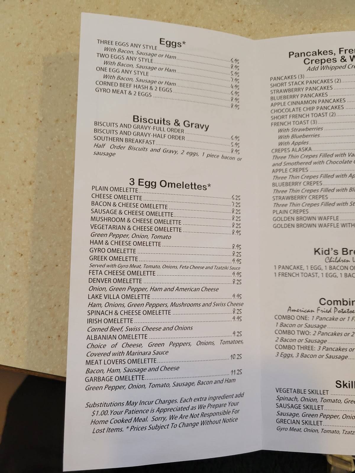 Menu at Lake Villa Restaurant, Lake Villa
