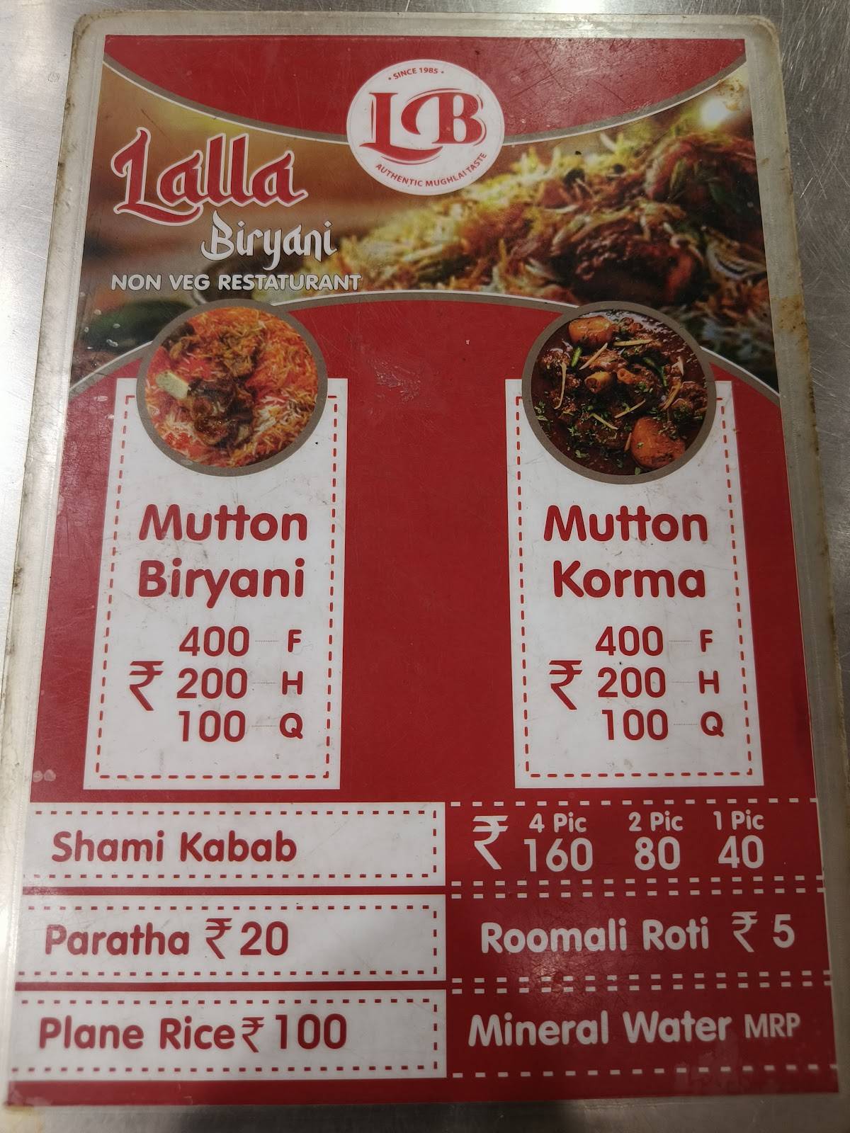 Lalla Biryani menu