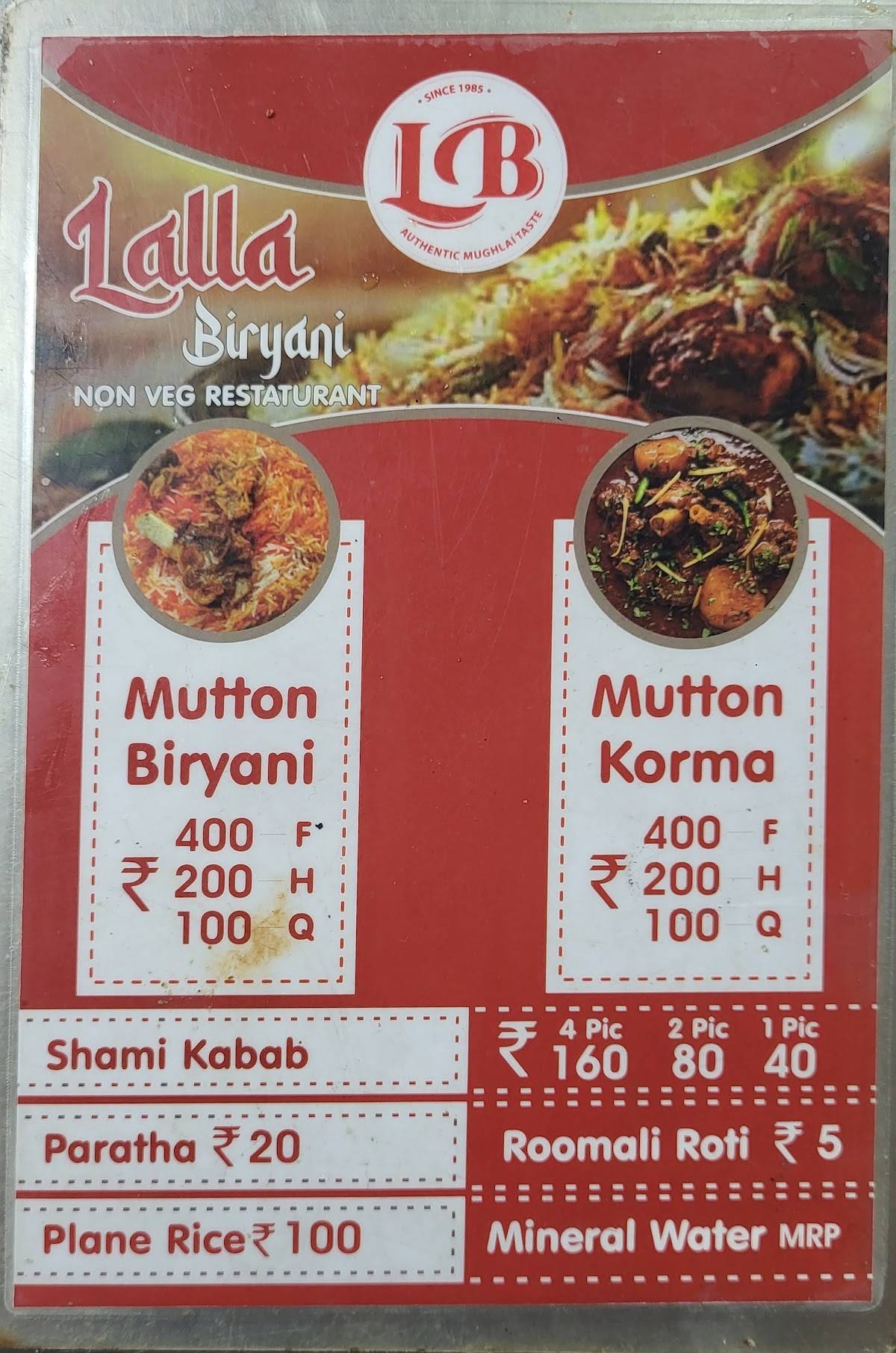 Lalla Biryani menu