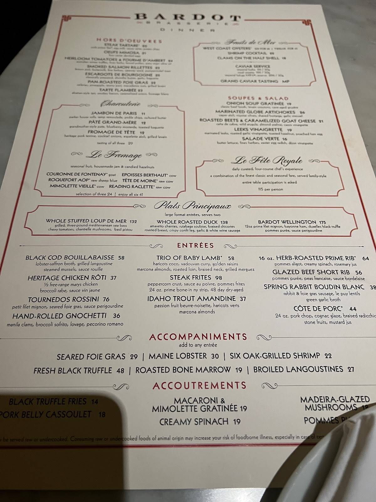 Menu at Bardot Brasserie, Las Vegas, 3730 S Las Vegas Blvd