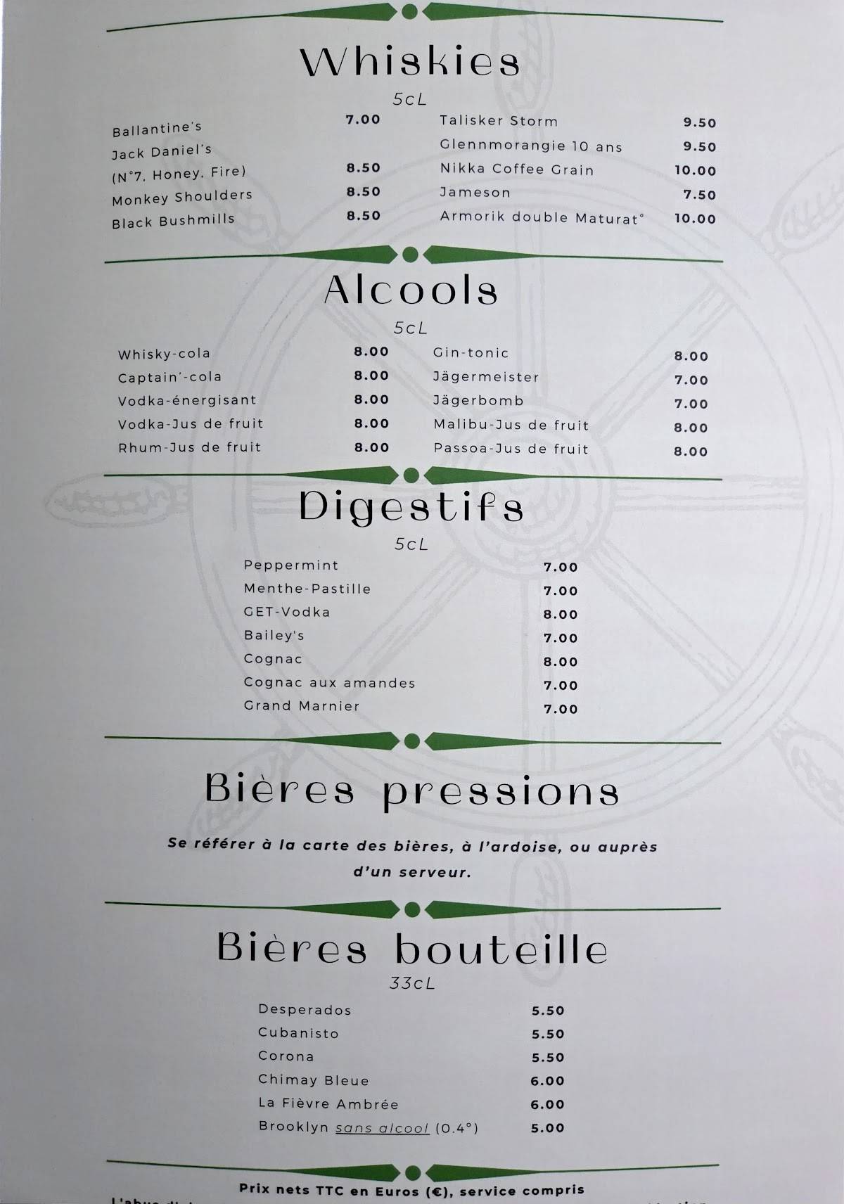 Menu de Le Benbow