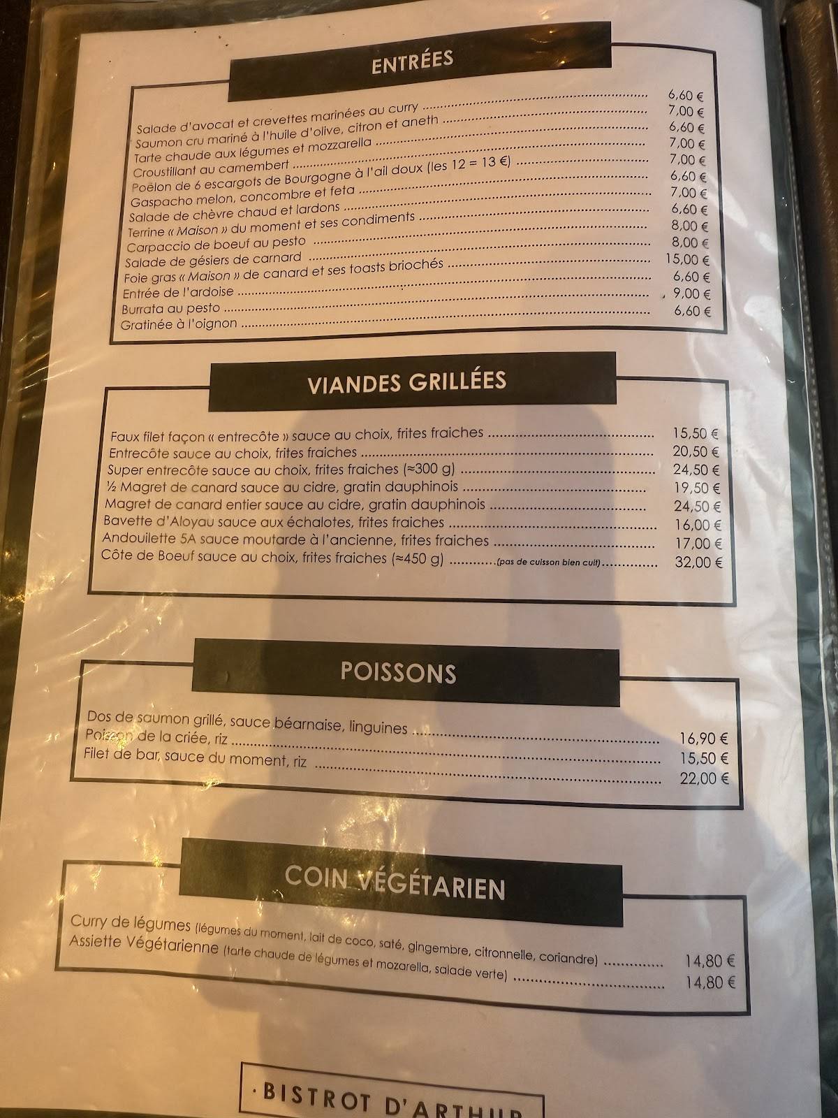 Menu de Le Bistrot d'Arthur