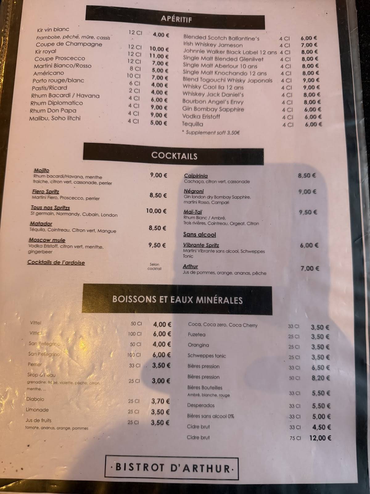 Menu de Le Bistrot d'Arthur
