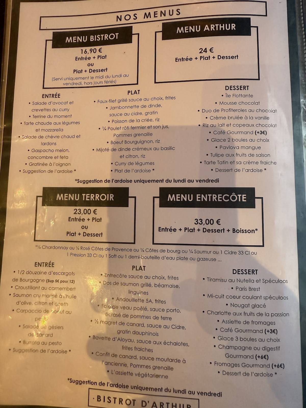 Menu de Le Bistrot d'Arthur