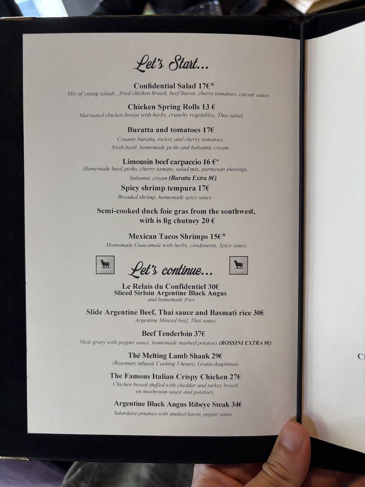 Menu de Le Confidentiel restaurant halal Paris