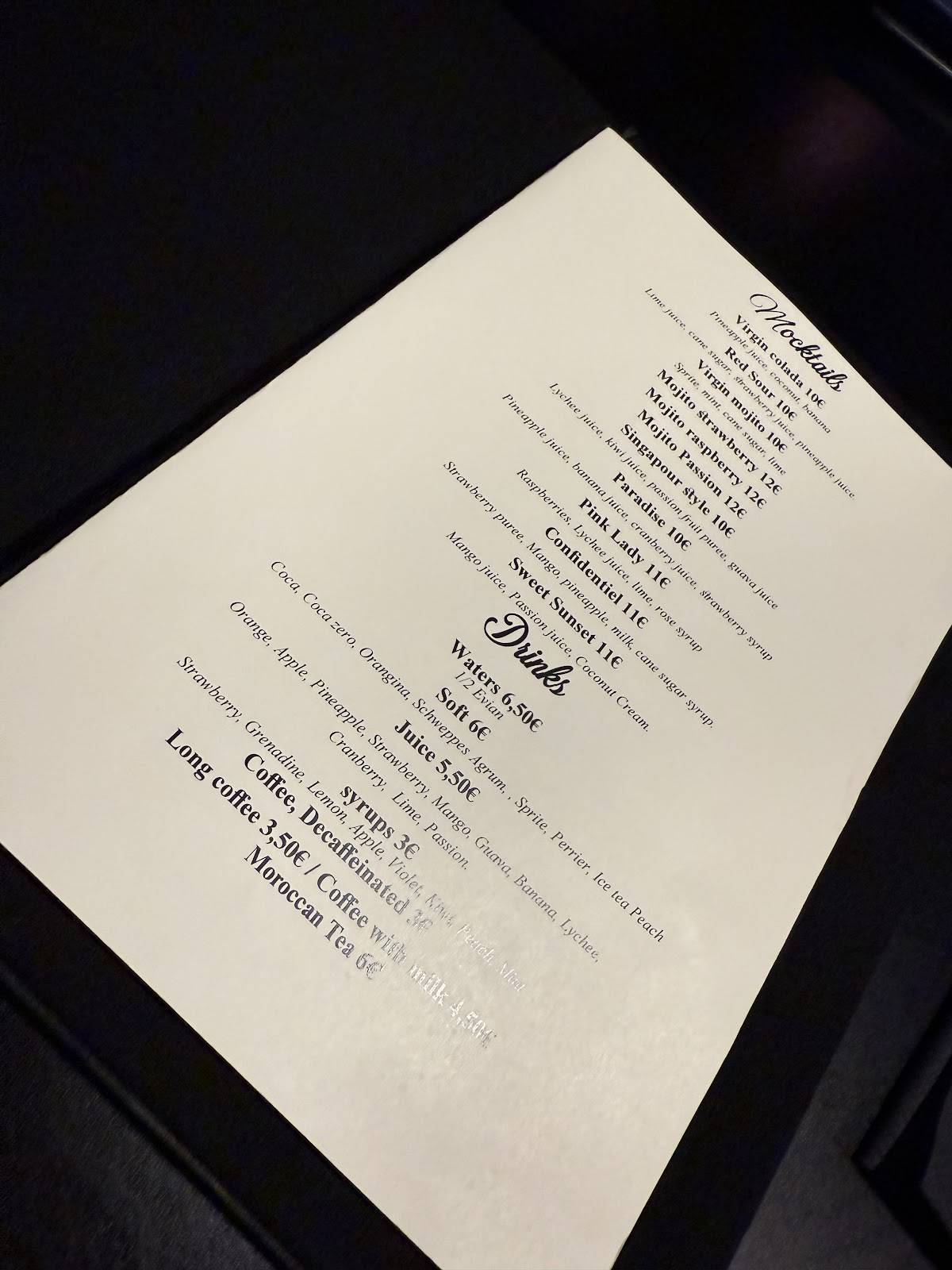 Menu de Le Confidentiel restaurant halal Paris