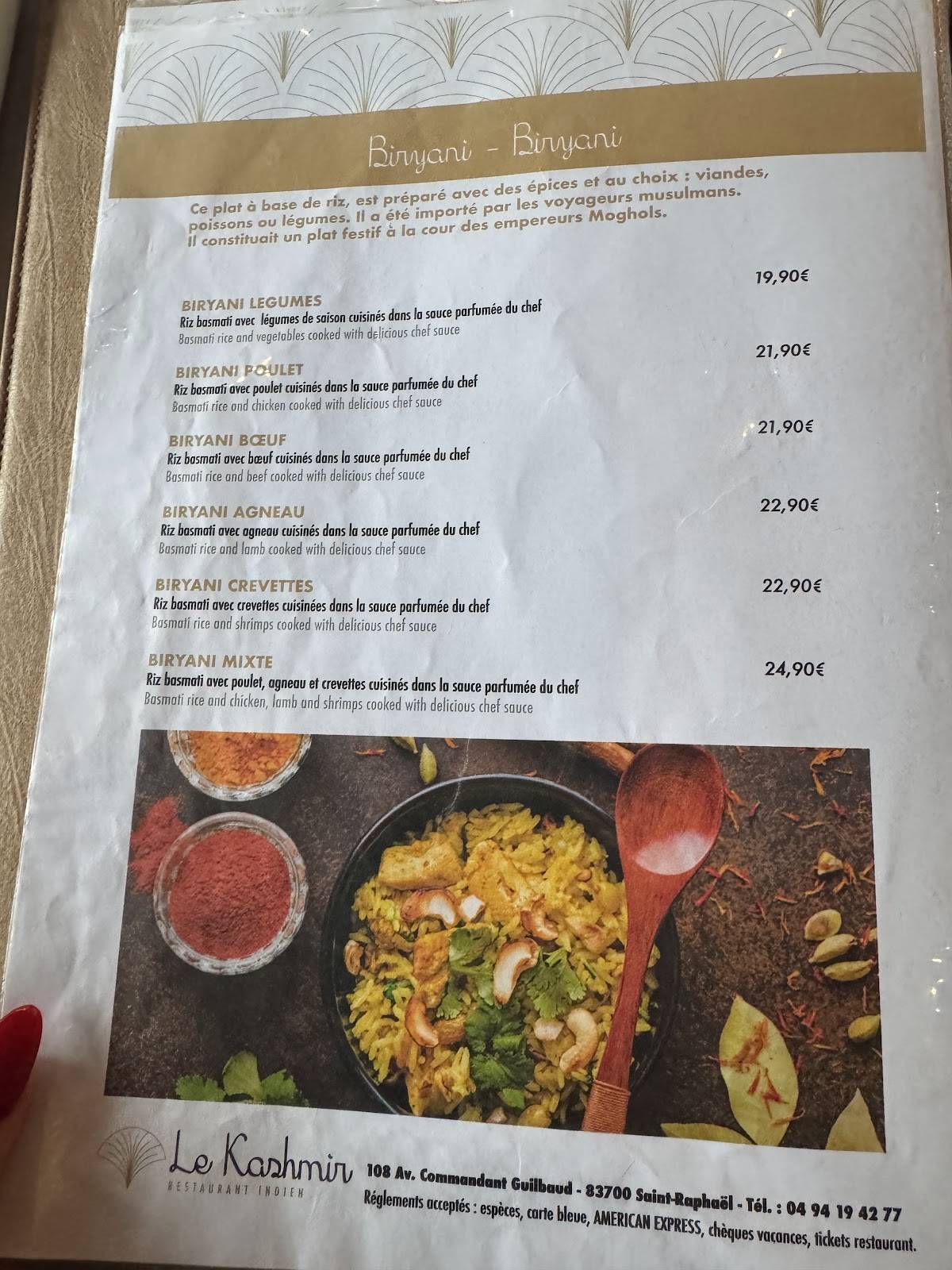 Menu de Le Kashmir