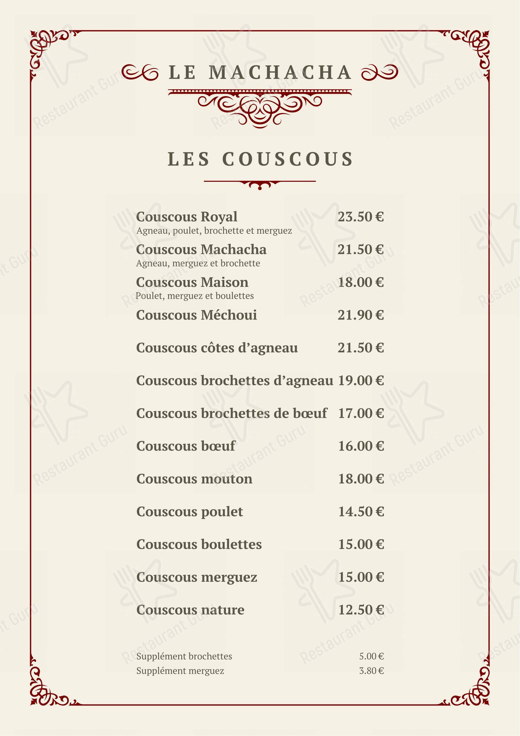 Menu pour Le Machacha dans Rouen